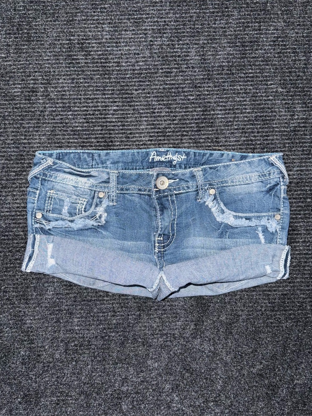 VTG Y2K Amethyst Low Rise Micro Mini Distressed Denim Shorts Sz 11 / 32 grunge